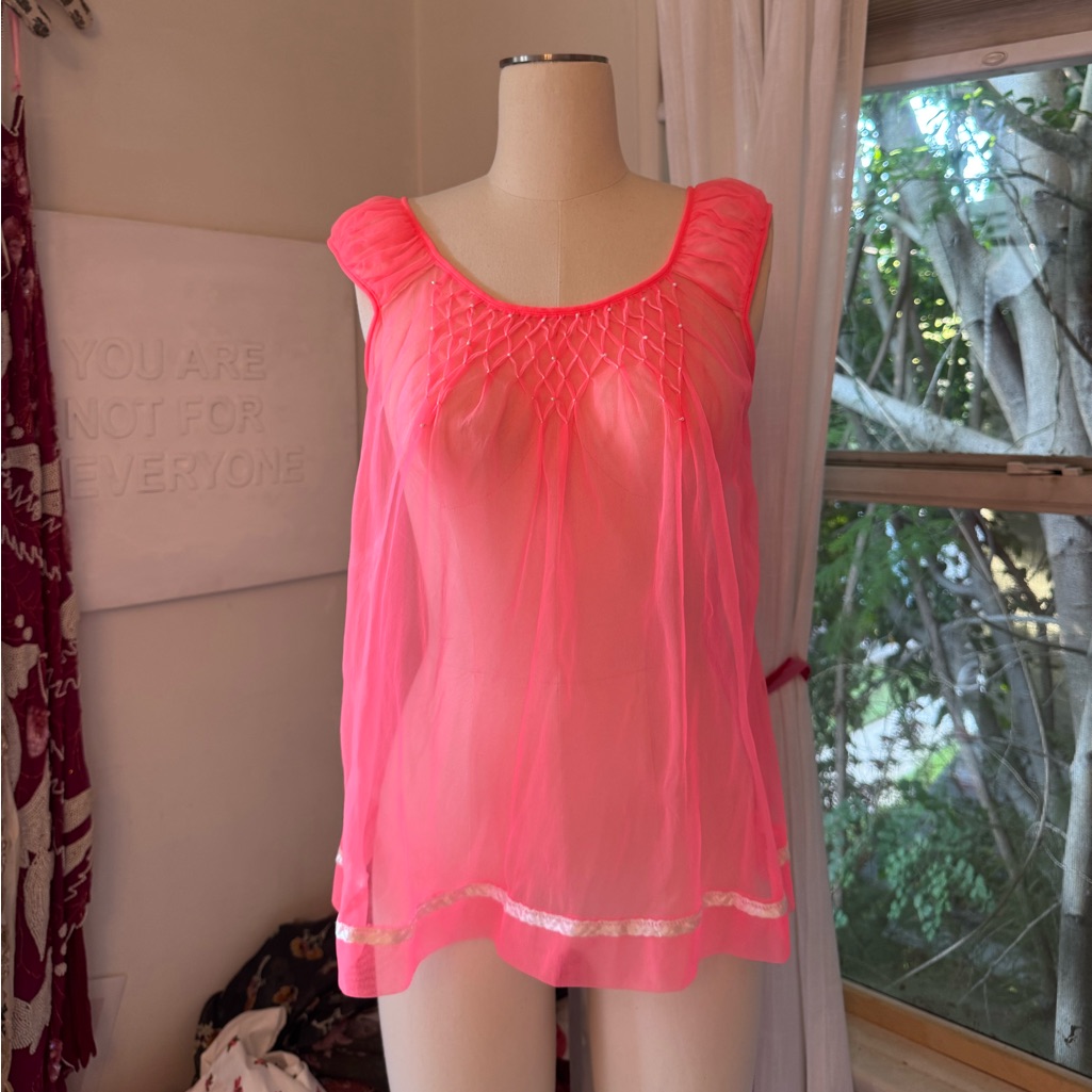 Vintage 60s Neon Sheer Beading Embellished Smocked Nightie Camisole Top